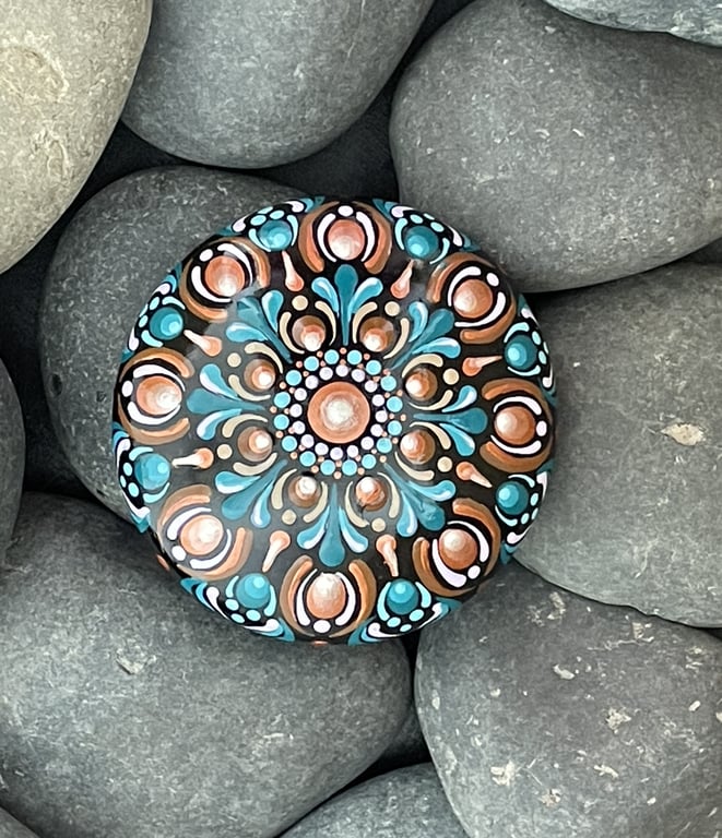 Blue Copper Mandala Painted Rock Art Stone Acrylic Art Painting Hand Painted 