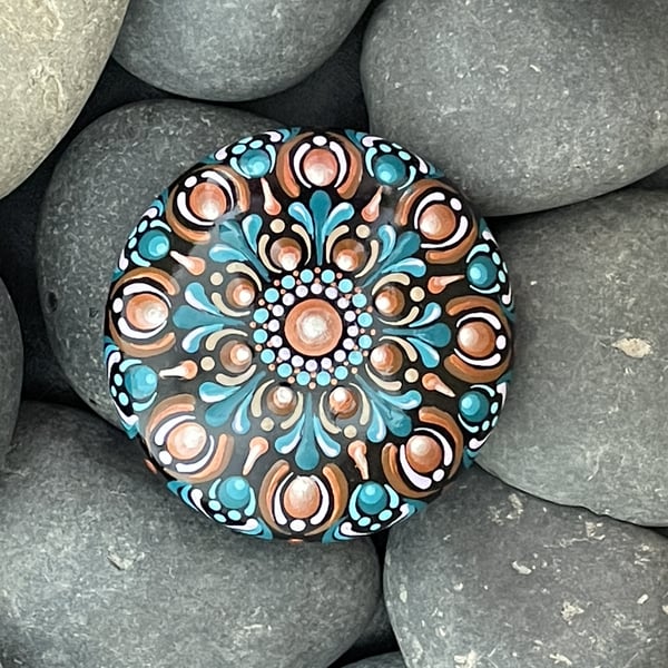 Blue Copper Mandala Painted Rock Art Stone Acrylic Art Painting Hand Painted 