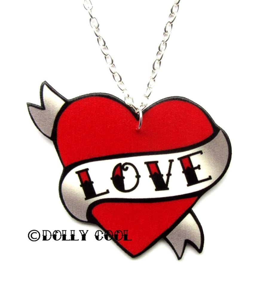 Love Heart Necklace Tattoo Style by Dolly Cool Rockabilly 50s