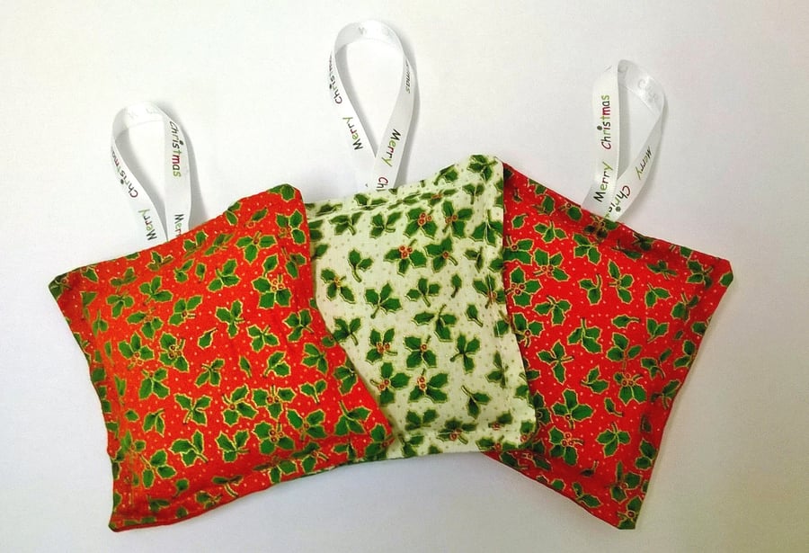 Christmas Lavender bags x3, handmade in holly fabric with hanging ribbons