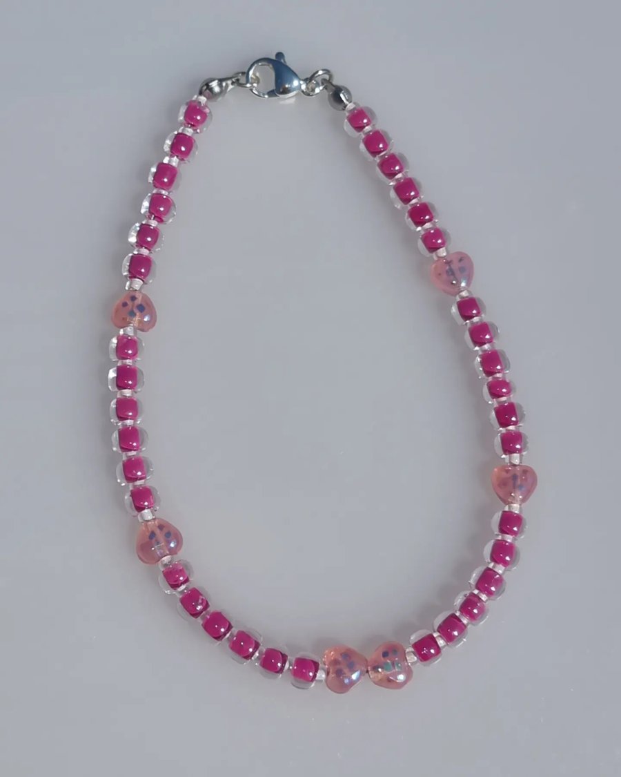 Pink Czech glass heart bracelet with seed beads