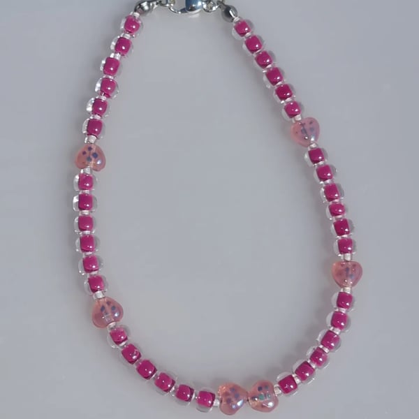 Pink Czech glass heart bracelet with seed beads