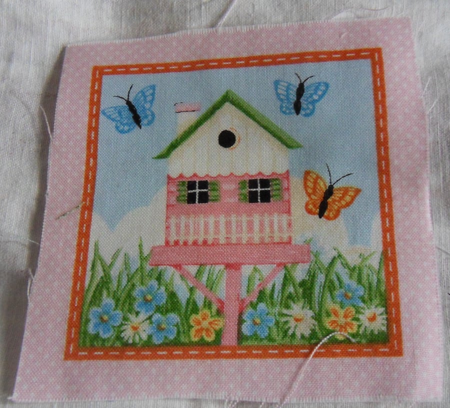 100% cotton fabric.  Bird house.  Sold separately, postage .62p for many (32)