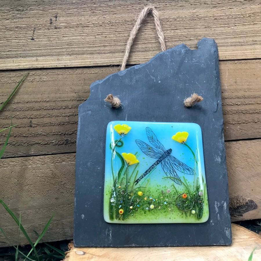 Glass Dragonfly Buttercup Meadow Slate Hanging 