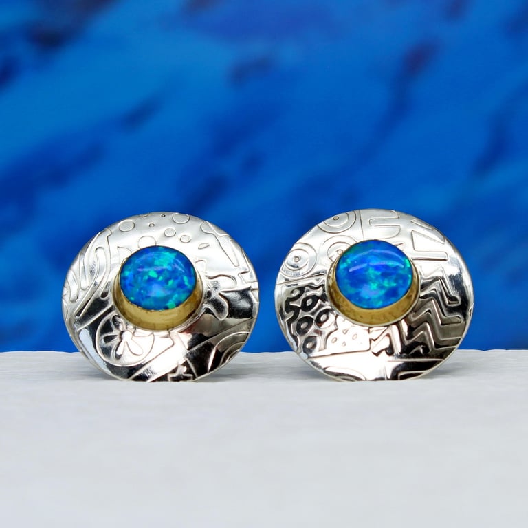 Sterling silver Opal ear studs, round, blue opal, handmade, gemstone choice