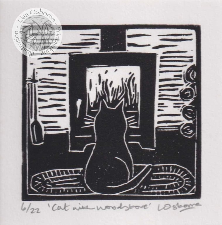 Cat with Woodstove - original linocut