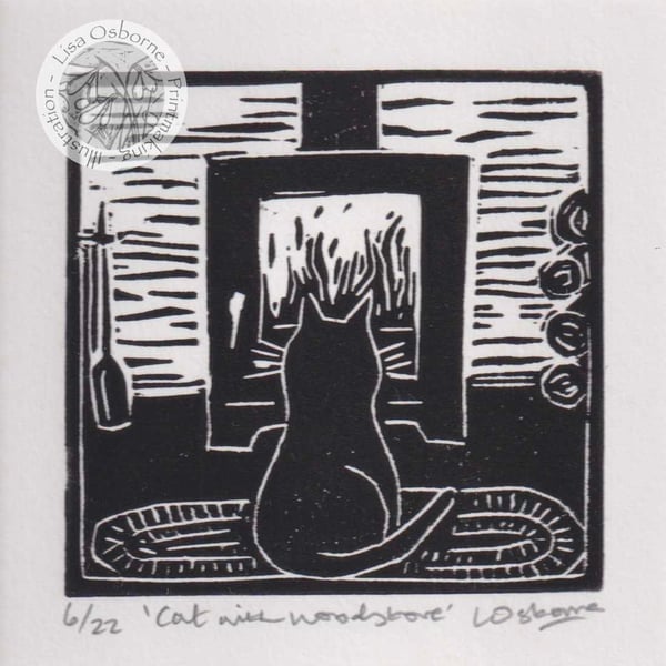 Cat with Woodstove - original linocut