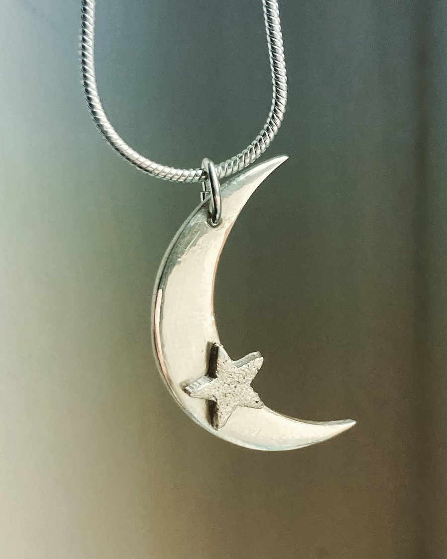 Handmade Fine Silver Moon & Star Pendant Necklace