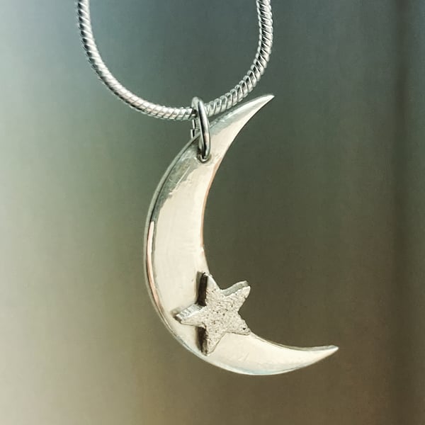 Handmade Fine Silver Moon & Star Pendant Necklace