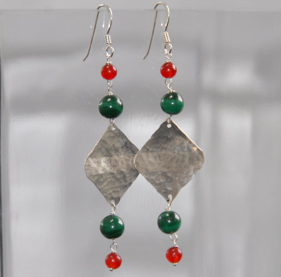 Green malachite and red quartzite silver earrings
