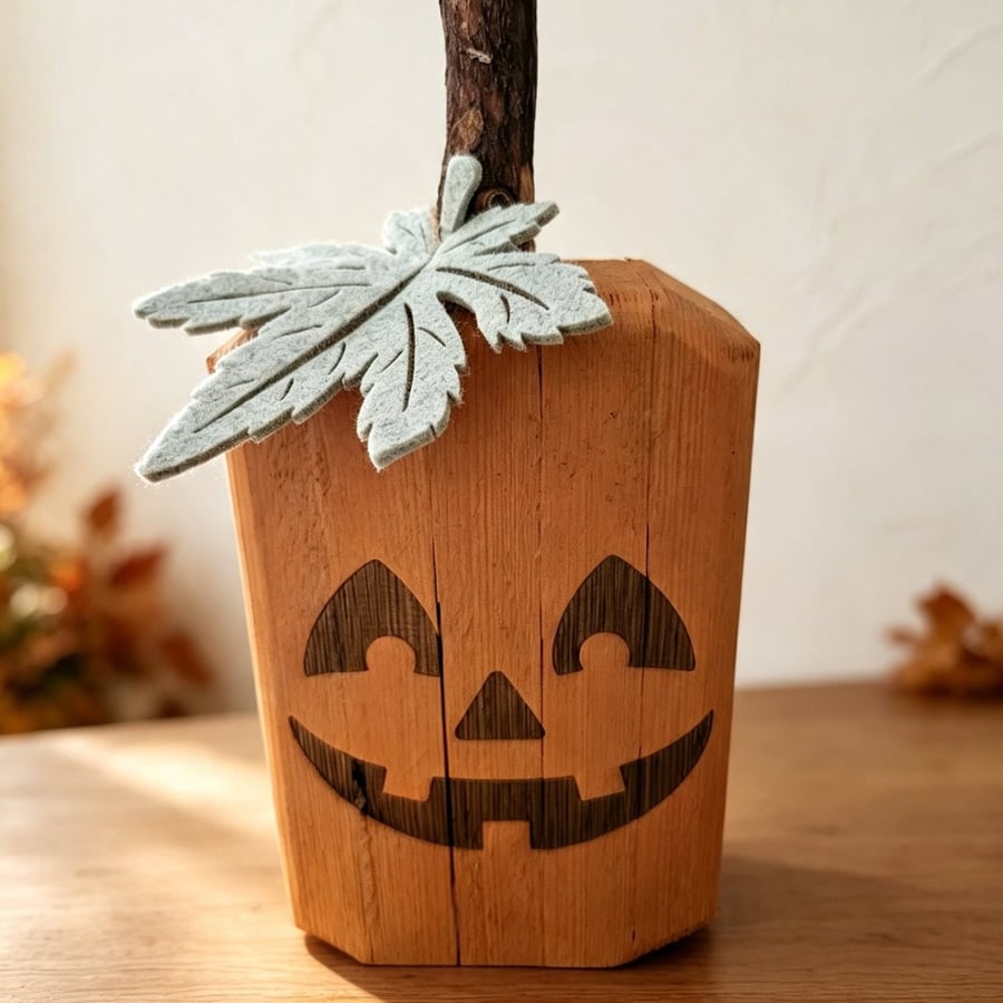 Image of Handmade Wooden Jack-O'-Lantern Pumpkin - 8 Inch - Rustic Fall & Halloween Decor