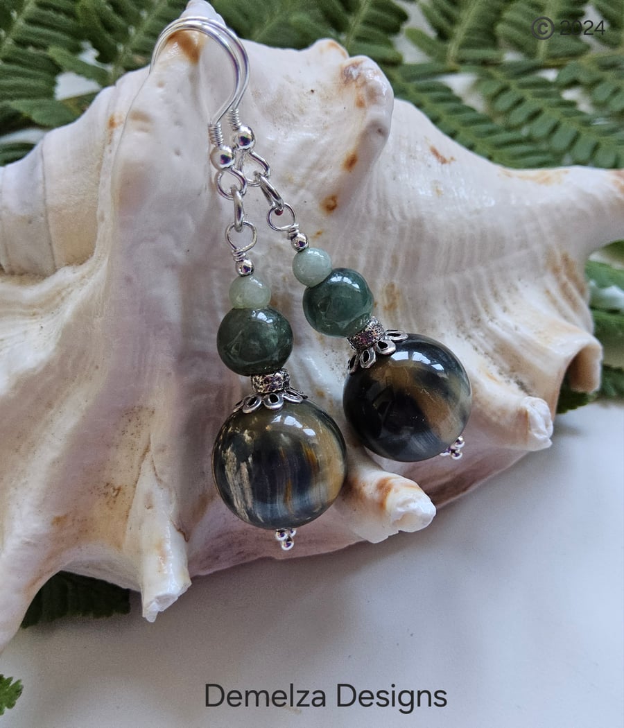 Burmese Jadeite & Natural Untreated Tiger's Eye Earrings 925 silver 