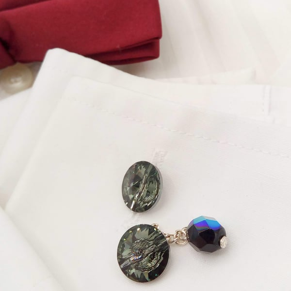 Men's Black Shadow Crystal Element Button & Black Crystal Cufflinks
