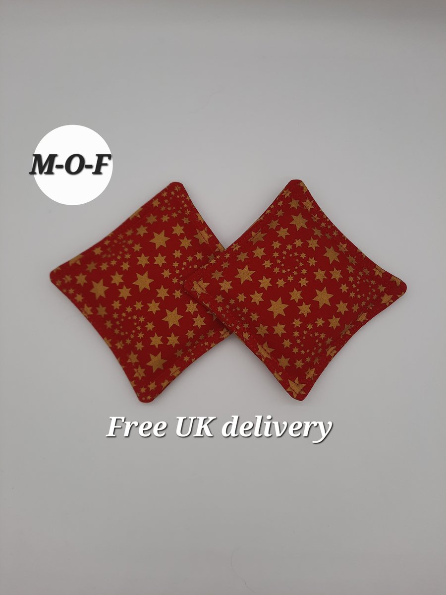 Hand warmers - gold stars on red cotton. Rice filled.  