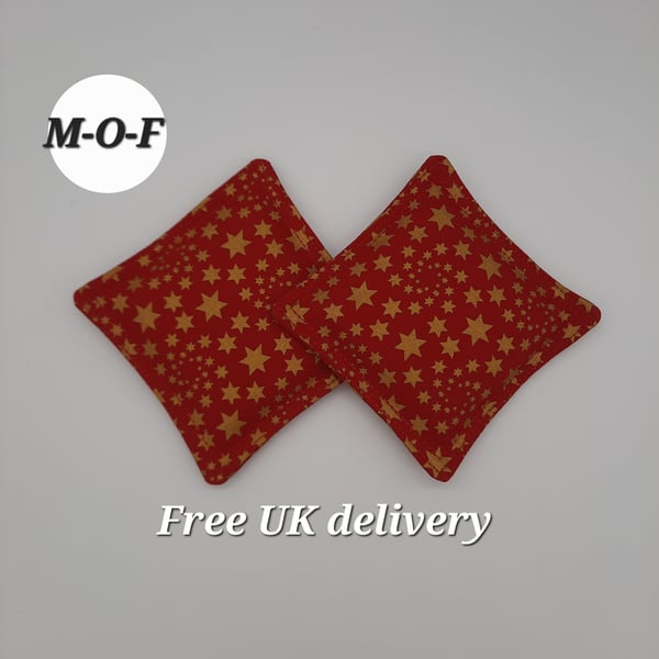 Hand warmers - gold stars on red cotton. Rice filled.  