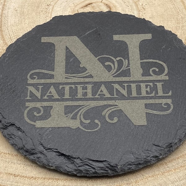 Monogram Split Name Slate Coaster - Circle or Square