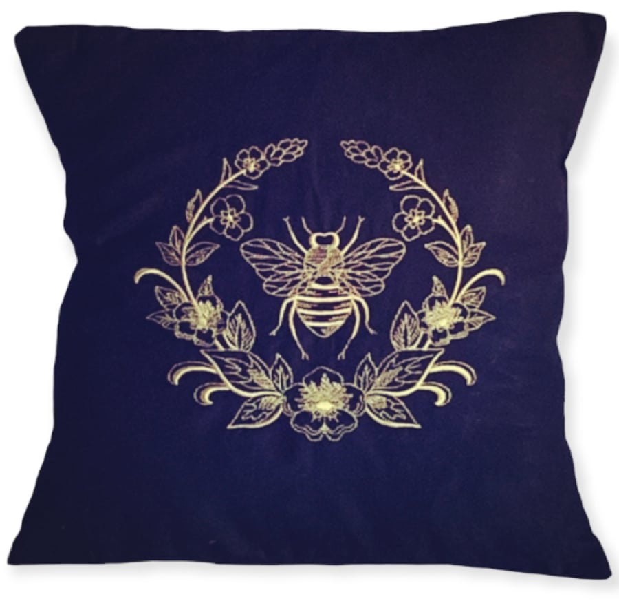 Ornate Gold Bee Embroidered Cushion Cover NAVY 14”x14”
