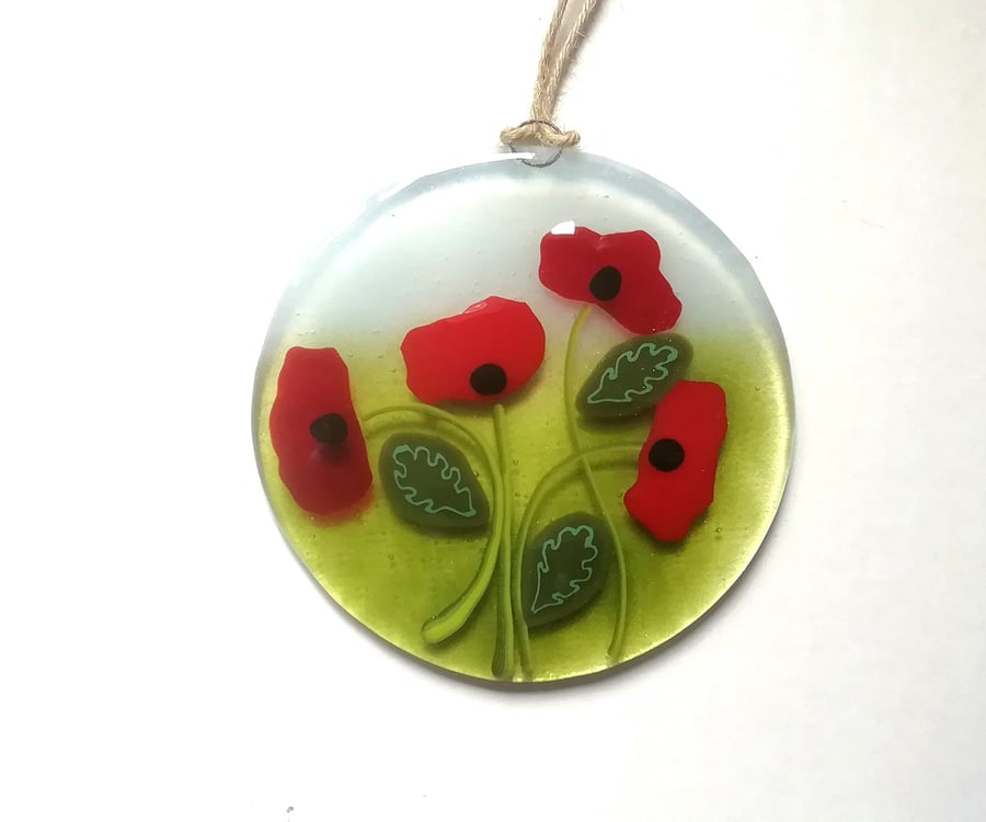 Fused Glass Poppy Suncatcher: Round Floral Hanging Art