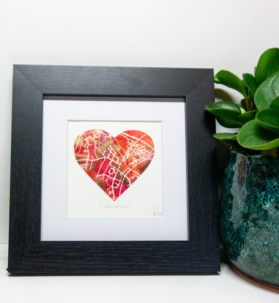 Personalised Red Heart Map custom made heart shaped paintings of special places