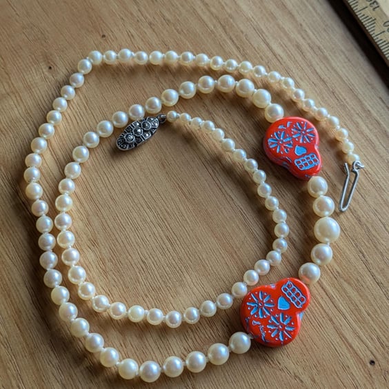 The Calaveras Necklace - vintage Japanese akoya pearl & Czech glass sugar skull