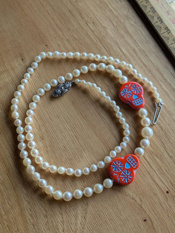 The Calaveras Necklace - vintage Japanese akoya pearl & Czech glass sugar skull