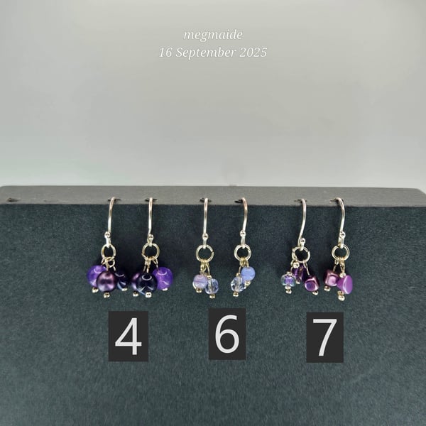 Dainty Triple Silver and Purple Bead Drop Earrings