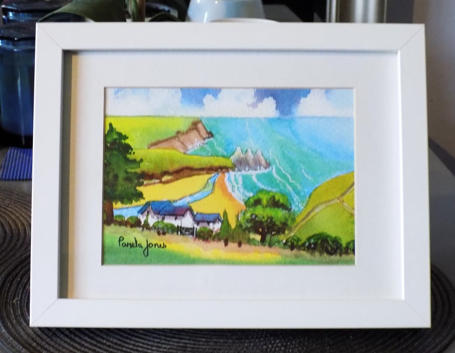 Three Cliffs Bay, Gower, South Wales, Original Watercolour in 9.5 x 7.5''  Frame