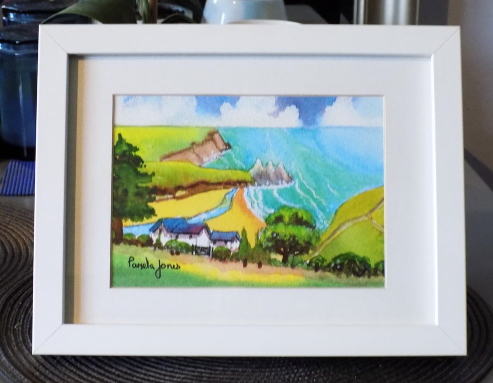 Three Cliffs Bay, Gower, South Wales, Original Watercolour in 9.5 x 7.5''  Frame