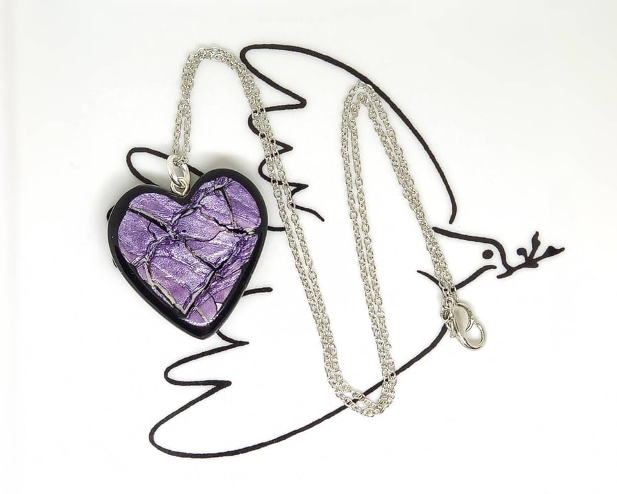 Iridescent purple heart shaped cracked earth pendant 