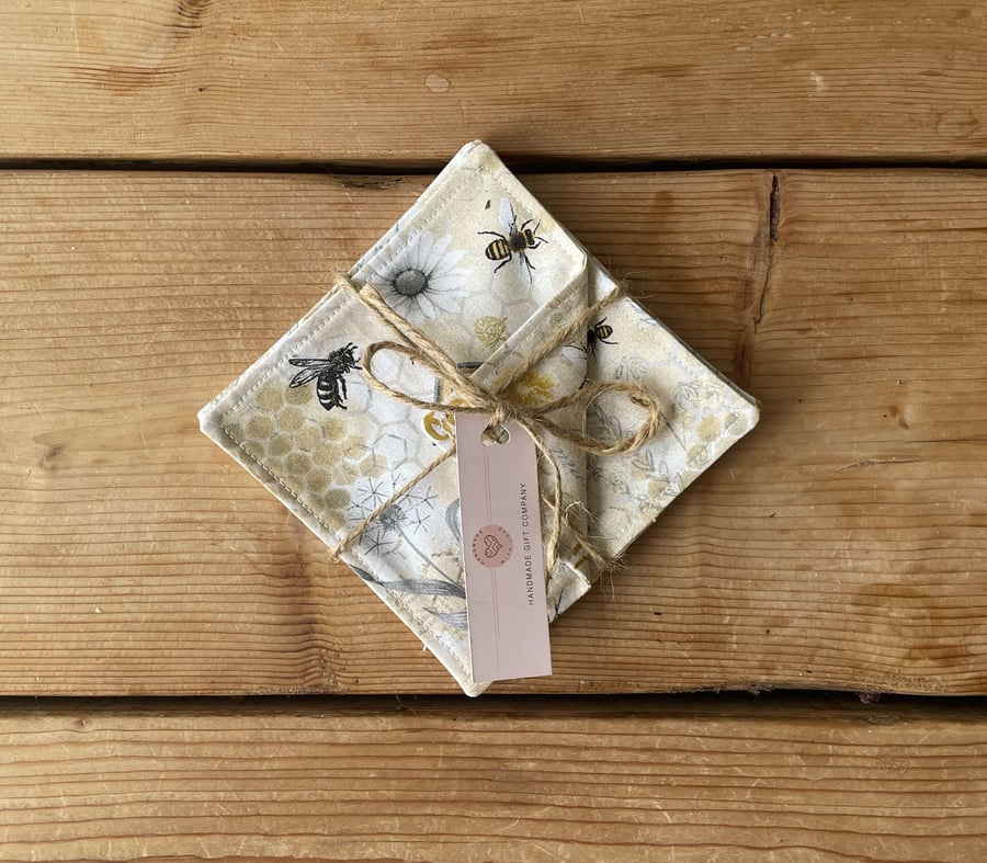 Fabric Coasters, 4 Set, Handmade Coasters, Cotton Coasters. Bees-COAST-11