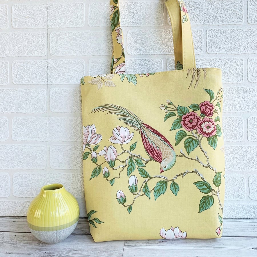 Bright exotic bird and floral print fabric tote bag