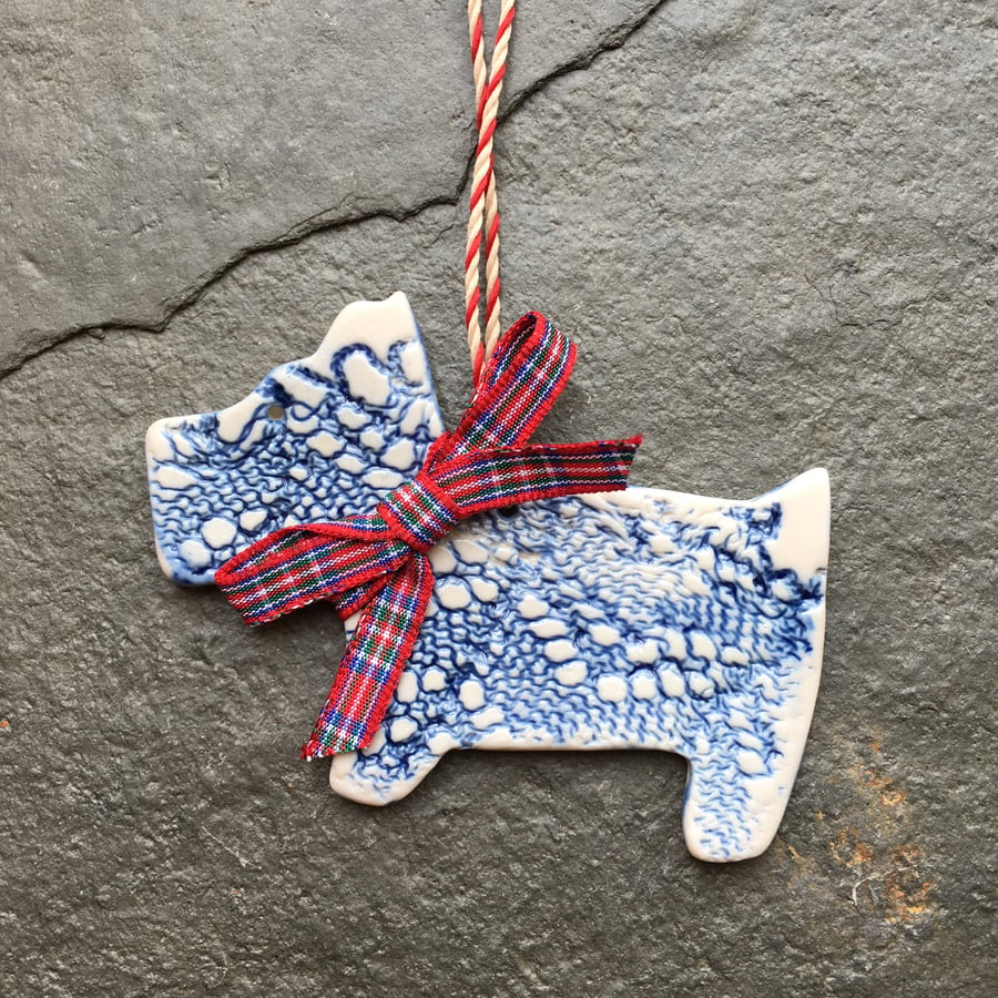 Blue Scottie dog, porcelain Christmas decoration The Porcelain Menagerie