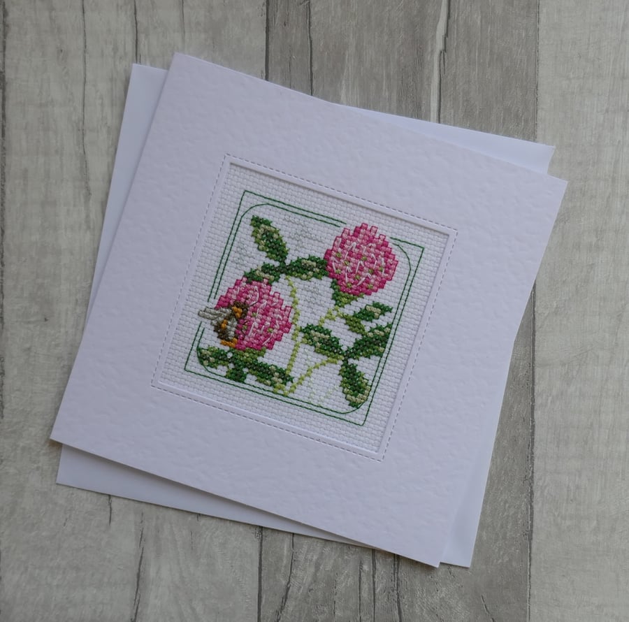 Cross Stitch Card with Red Clover Flowers and Bee