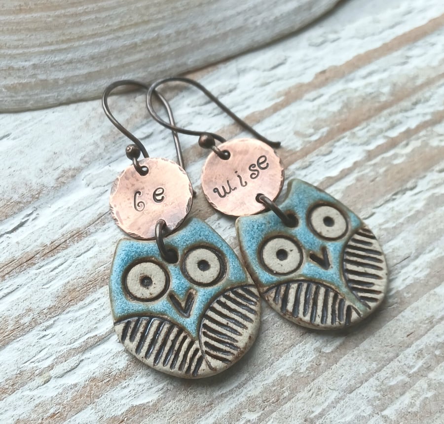 Ceramic Owl Copper Be Wise Earrings