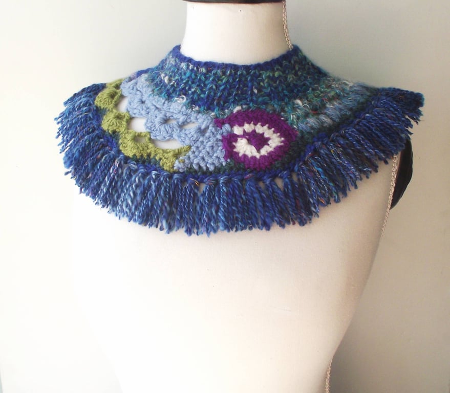 Freeform Handspun Knitted & Crocheted Collar, Yoke or Cowl. Blue Green Purple