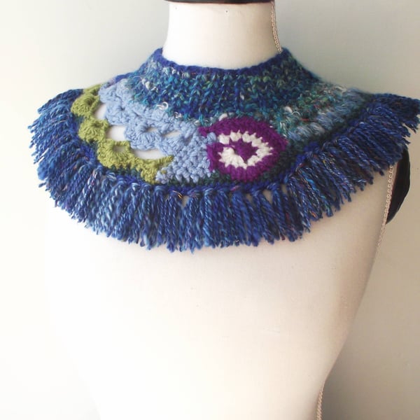 Freeform Handspun Knitted & Crocheted Collar, Yoke or Cowl. Blue Green Purple
