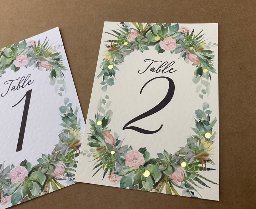 Cactus succulents wreath TABLE NUMBERS blush pink flowers rustic wedding A6 card