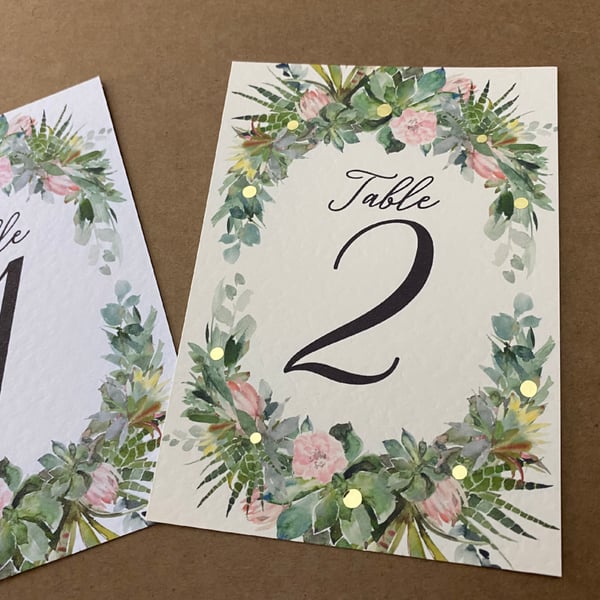 Cactus succulents wreath TABLE NUMBERS blush pink flowers rustic wedding A6 card