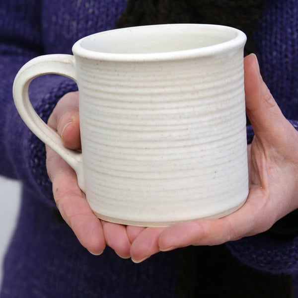 Two straight sided mugs - hand thrown stoneware in vanilla cream