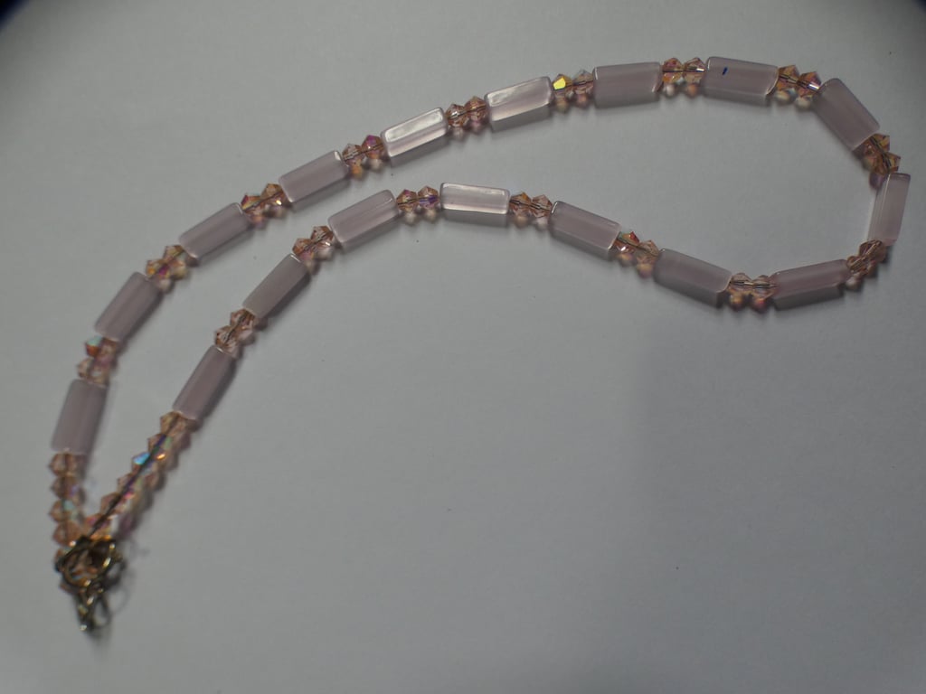 Pale Pink cats eye and crystal bead single strand necklace