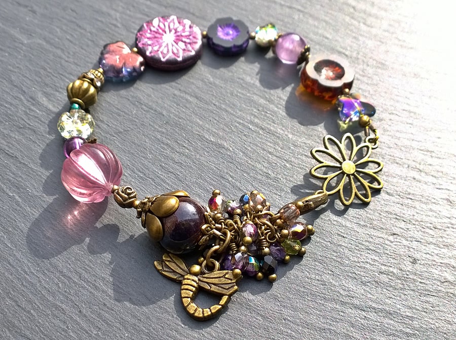 Enchanted Garden Bracelet, Flower Power Edition, Purple Tones. Gaia, Nature