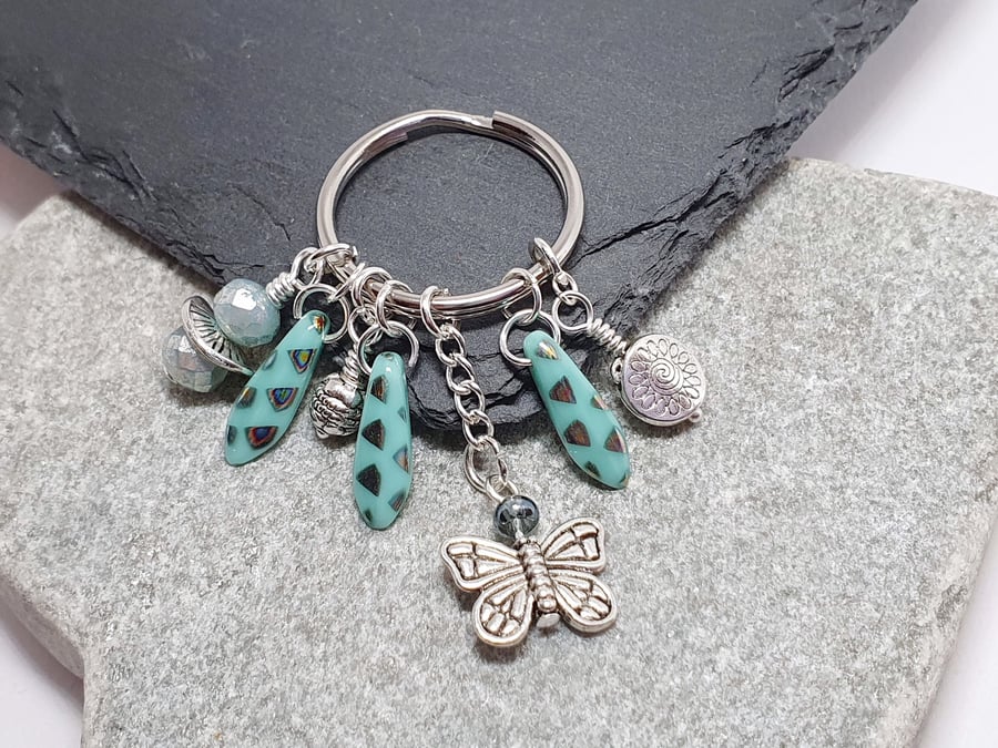 Turquoise and silver butterfly bead keyring 