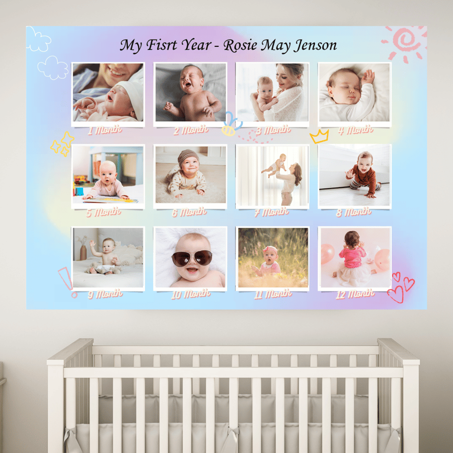 First Year Baby Scrapbook Poster For Nursery Wall Decoration Each Month