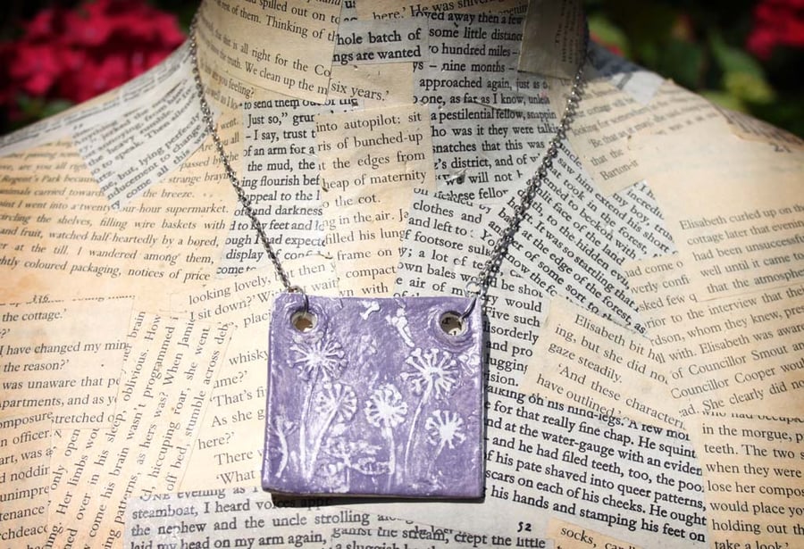 SALE Purple Dandelion Embossed Clay Silver Necklace