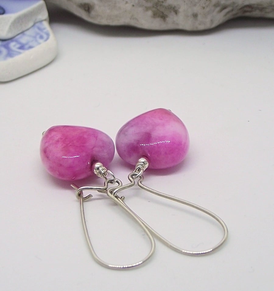 Rosy Pink glass heart recycled earrings silver