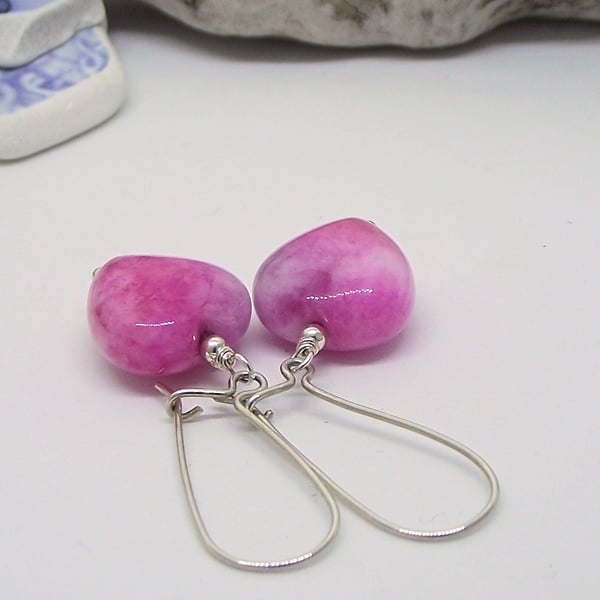 Rosy Pink glass heart recycled earrings silver
