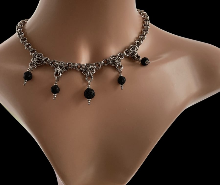 Stainless steel chainmaille necklace - Lava Rock Necklace - gothic necklace 