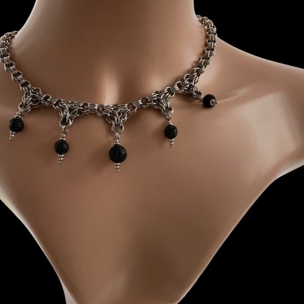 Stainless steel chainmaille necklace - Lava Rock Necklace - gothic necklace 