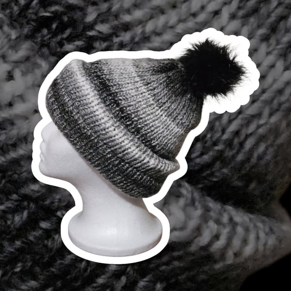 Winter Hat With Faux Fur Bobble (handmade)