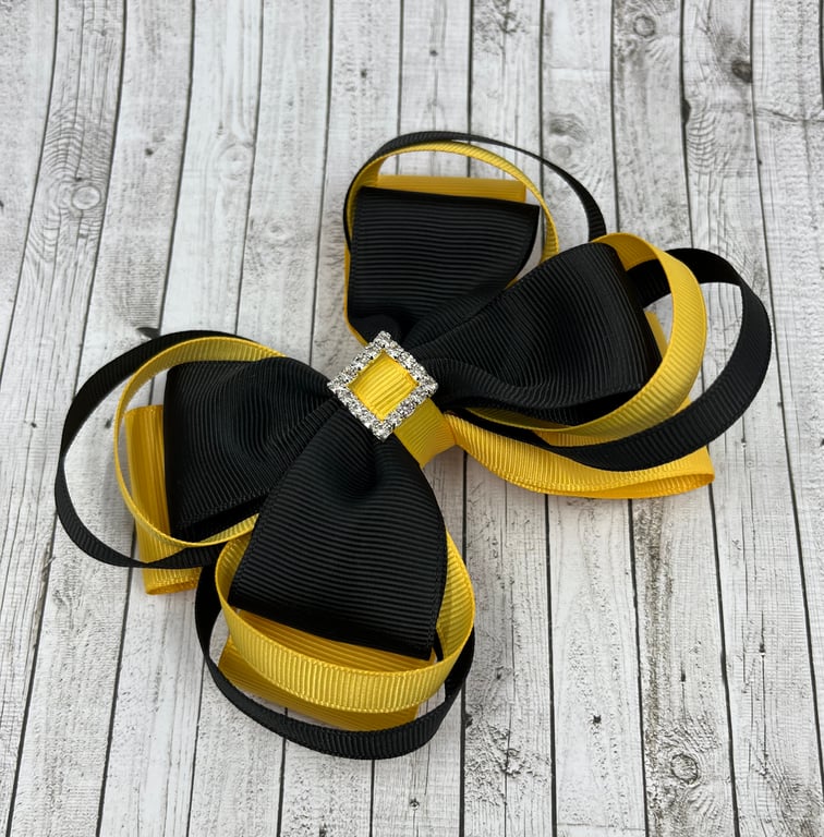 Large 5 inch Black and Yellow Gold Double Layer Bow with Double Loops